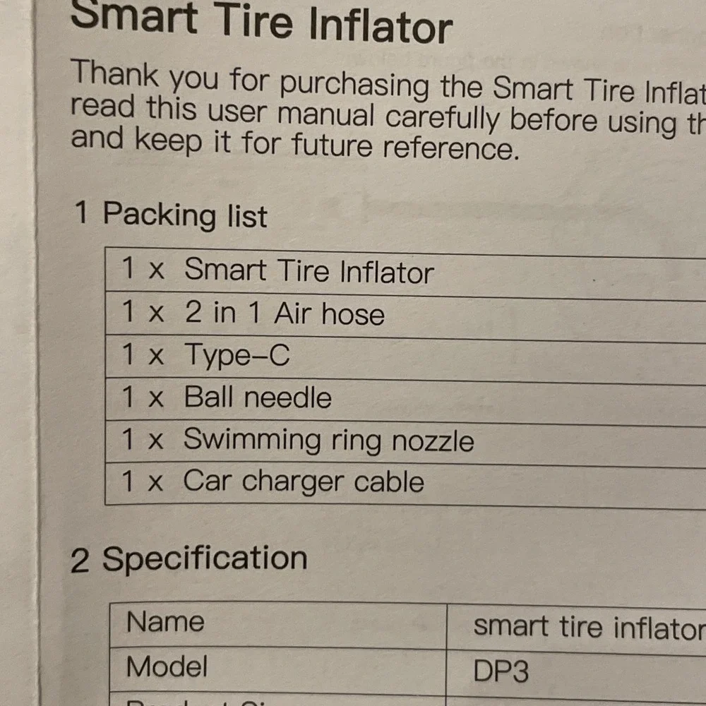 Smart Tire Inflator | Pysac DP3 | Portable Digital Preset Type-C Charging Manual